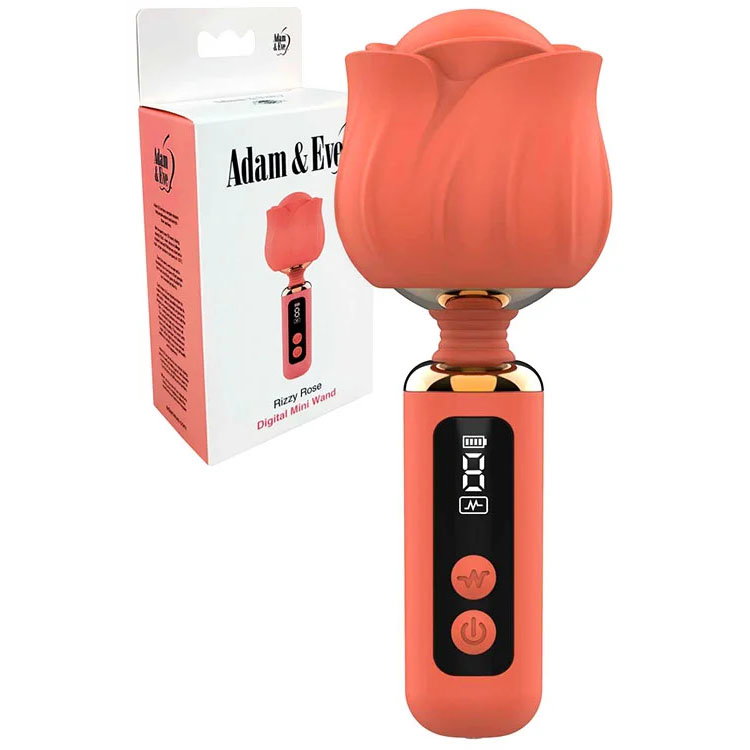 Adam & Eve Rizzy Rose Mini Wand in coral, a rose-shaped vibrator with flexible neck and digital display